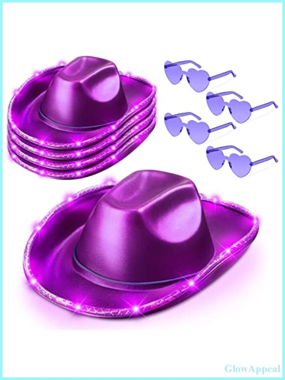 Light Up LED Cowboy Hat Set with Heart Sunglasses Halloween Cowgirl Party